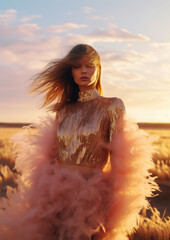 Wall Mural - young woman in a shiny sweater with feathers and a long skirt against the background of the tundra, morning light, Icelandic landscape, nature, mountains, hills, portrait, fashion, model, dress, girl