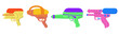 © Little Monster 2070 - Vector plastic children's toy water gun icon isolated on white background. Multi-colored cartoon illustration.