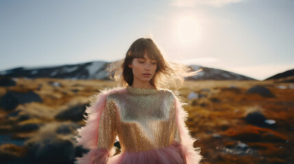 Wall Mural - young woman in a shiny sweater with feathers and a long skirt against the background of the tundra, morning light, Icelandic landscape, nature, mountains, hills, portrait, fashion, model, dress, girl