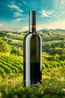 Advertising image of a red wine bottle. Vineyard hill panorama. Customizable bottle and space for copy