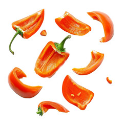 Wall Mural - Falling sweet pepper slices, paprika, isolated on white background, clipping path, full depth of field