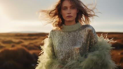 Wall Mural - young woman in a shiny sweater with feathers and a long skirt against the background of the tundra, morning light, Icelandic landscape, nature, mountains, hills, portrait, fashion, model, dress, girl