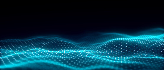 Leinwandbilder - Music color wave of particles and lines. Big data visualization. Abstract blue background with a dynamic wave. 3d rendering.