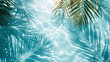 Water background palm leaf shadow on abstract white sand beach background, sun lights on water surface, beautiful abstract background concept banner for summer vacation at the beach blue aqua texture