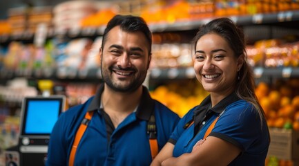 Two smiling people in a grocery store, one of them is wearing an apron