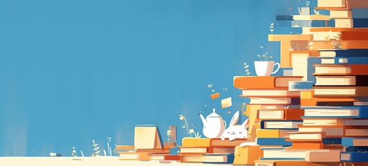 Wall Mural - cute bunny with tea pot and a lot of books with flower blossom, happy reading concept, artful minimal style cartoon illustration with grungy noise texture, Ai Generated