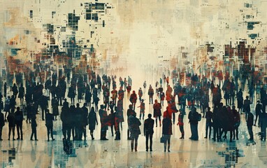 Generate AI-created collage image of a crowd of people waiting for a politician to make a statement.