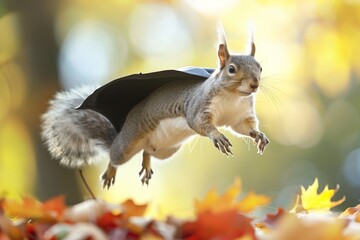 Wall Mural - flying squirrel with a cape, midglide above autumn leaves