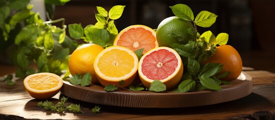 Canvas Print - A wooden tray filled with a variety of citrus fruits such as oranges, grapefruit, and Rangpur on a table, ready to be used as ingredients for a delicious citrusinfused dish