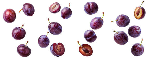 Wall Mural - Set of Falling plum isolated on white background, clipping path, full depth of field