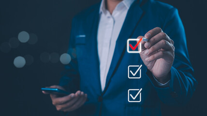 Checklist concept, Businessman mark checkboxes, Survey form, check marks on checklist, filling online form and answering questions. List options business employee security procedures followed office.