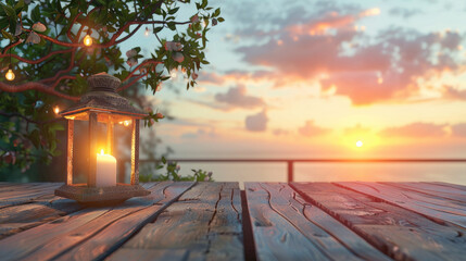 Wall Mural - lantern on table by seaside 