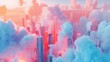  a blue abstract background with tall buildings in a cloud punk style. This is the first version designed in Blender, featuring a simple background with light red and orange hues