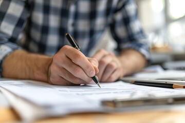 A person sitting and writing on a piece of paper with a pen