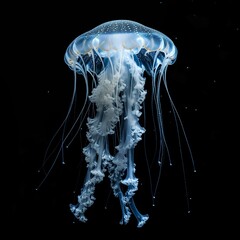 Ethereal jellyfish floating in darkness, their bioluminescent bodies casting a neon glow