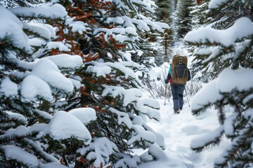 Wall Mural - hiker with backpack standing amidst snowy pines