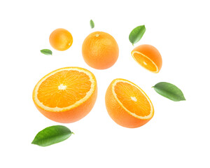 Wall Mural - Orange fruit and Orange with cut in half leaves levitate, transparent background