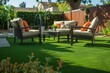 patio furniture on artificial turf in a home garden