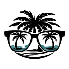 Poster - A pair of  sunglasses with palm tree reflections is depicted against a white  background, suggesting a beach or tropical theme