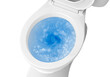 Top view of toilet bowl, blue detergent flushing in it, transparent background