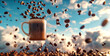 A dreamlike scene of a coffee mug floating in a surreal sky filled with floating coffee beans
