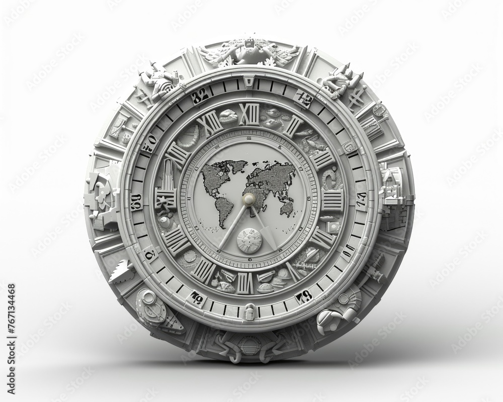 Adventurethemed 3D printed clock, with world time zones for the international traveler , 3D render