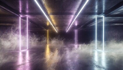 Wall Mural - sci fi futuristic smoke fog neon laser garage room blue pink violet neon abstract background ultraviolet light night club cyber undergound warehouse concrete reflective studio 3d render illustration