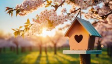 Spring Birdhouse With Spring Cherry Blossom Background