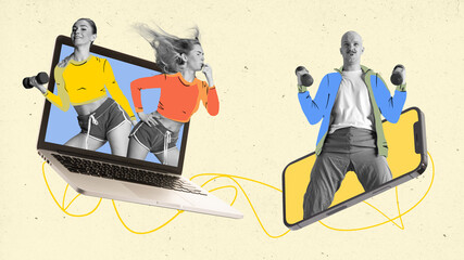 Contemporary art collage. Young people doing exercises in action while standing in laptop and phone. Concept of technology progress in modern life, work and study in distance, sport.