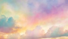 Colorful Watercolor Background Of Abstract Sunset Sky With Puffy Clouds In Bright Rainbow Colors Of Pink Green Blue Yellow Orange And Purple