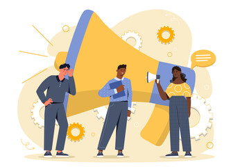 People with megaphone concept. Advertising and marketing online. Promotion in social networks and messengers. Team of marketers. Cartoon flat vector illustration isolated on white background