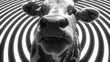  a black and white photo of a cow's face in the center of a circular pattern of black and white circles.