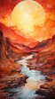 Canyon river at sunset, watercolor, deep oranges and reds, birdseye view, twilight shimmer