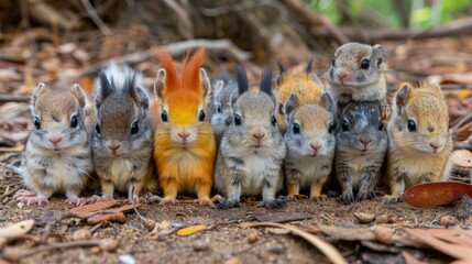 Wall Mural -  a group of small animals standing next to each other on top of a leaf covered ground in front of a tree.