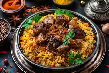 Sticker - Delicious Kabsa: Arabic Cuisine, Top View with a Black Background Decorated with Spices