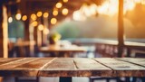 Fototapeta  - empty rustic bar restaurant cafe wooden table space platform with defocused blurry pub interior sunny weather autumn summer spring warm cozy house cottage core mockup product display background