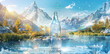 Bottle of fresh water on ice, set against the serene backdrop of majestic mountains. A refreshing symbol of health, hydration, and natural serenity