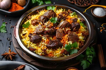 Sticker - Delicious Kabsa: Arabic Cuisine, Top View with a Black Background Decorated with Spices