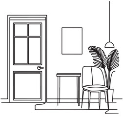 Wall Mural - Abstract living room interior simple hand drawn illustration. Window, chair, door sketch