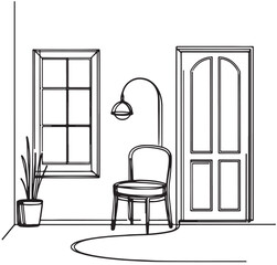 Wall Mural - Abstract living room interior simple hand drawn illustration. Window, chair, door sketch