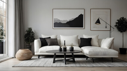 Wall Mural - White sofa and black coffee table against white wall with art poster. Scandinavian boho home interior design of modern living room generative AI