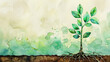 Tree sapling roots, symbol of growth, illustration, watercolor, close view, space for copy, natural backdrop,