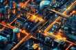 A futuristic cityscape with a lot of industrial buildings and a lot of orange and blue lights