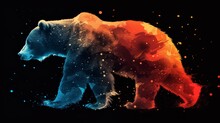  a bear that is standing on its hind legs with a black background and red, orange, and blue colors.