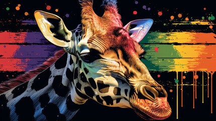 Wall Mural -  a close up of a giraffe's face in front of a multicolored background of paint.