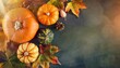 top view halloween background with pumpkins and leaves on blackboard