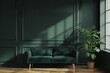 Dark green living room interior, mockup background with empty wall, 3D rendering