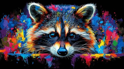 Wall Mural -  a close up of a raccoon's face with multicolored paint splattered on it.