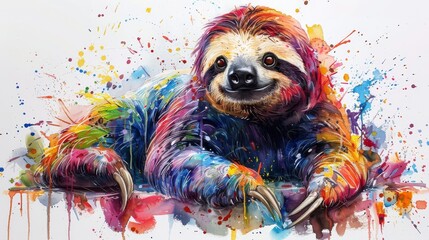 Wall Mural -  a painting of a slotty bear with colorful paint splatters on it's face and arms, sitting on a white surface.