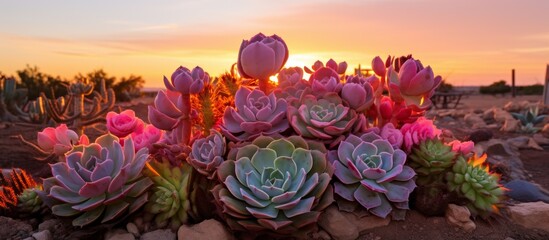 Wall Mural - A variety of vibrant succulents bloom in the desert against a magenta sky at sunset, creating a stunning natural landscape art